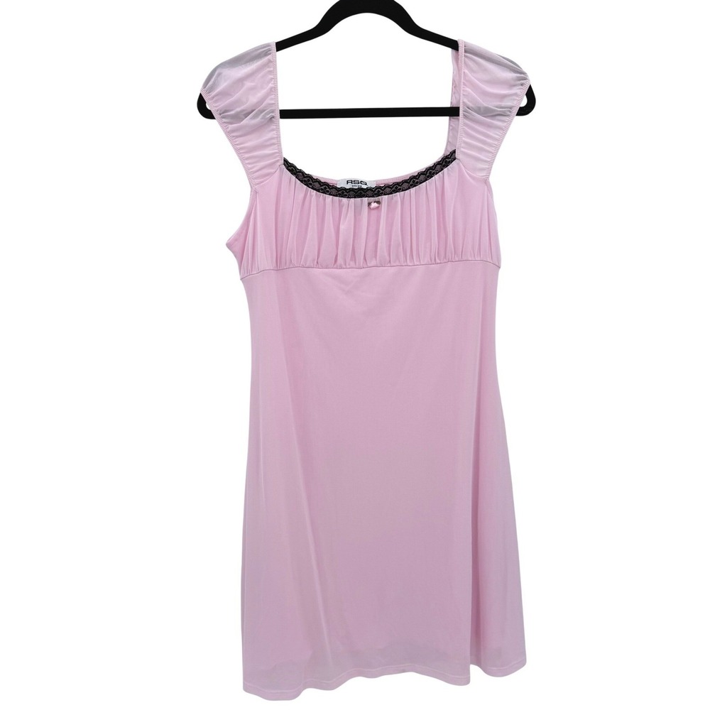 RSQ Pink Babydoll Mini Dress Womens XL Black Lace Trim Rosebud Mesh Empire Waist